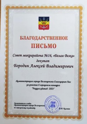Совет микрорайона №16  и депутат Алексей Владимирович Бородин награждены Благодарственным письмом